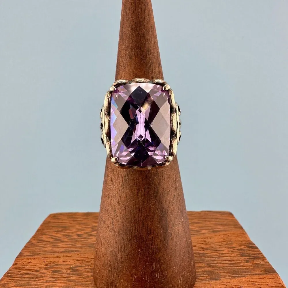 Vintage Sterling Silver Purple Stone Ring Simulated Spinel Large Faceted 6.5